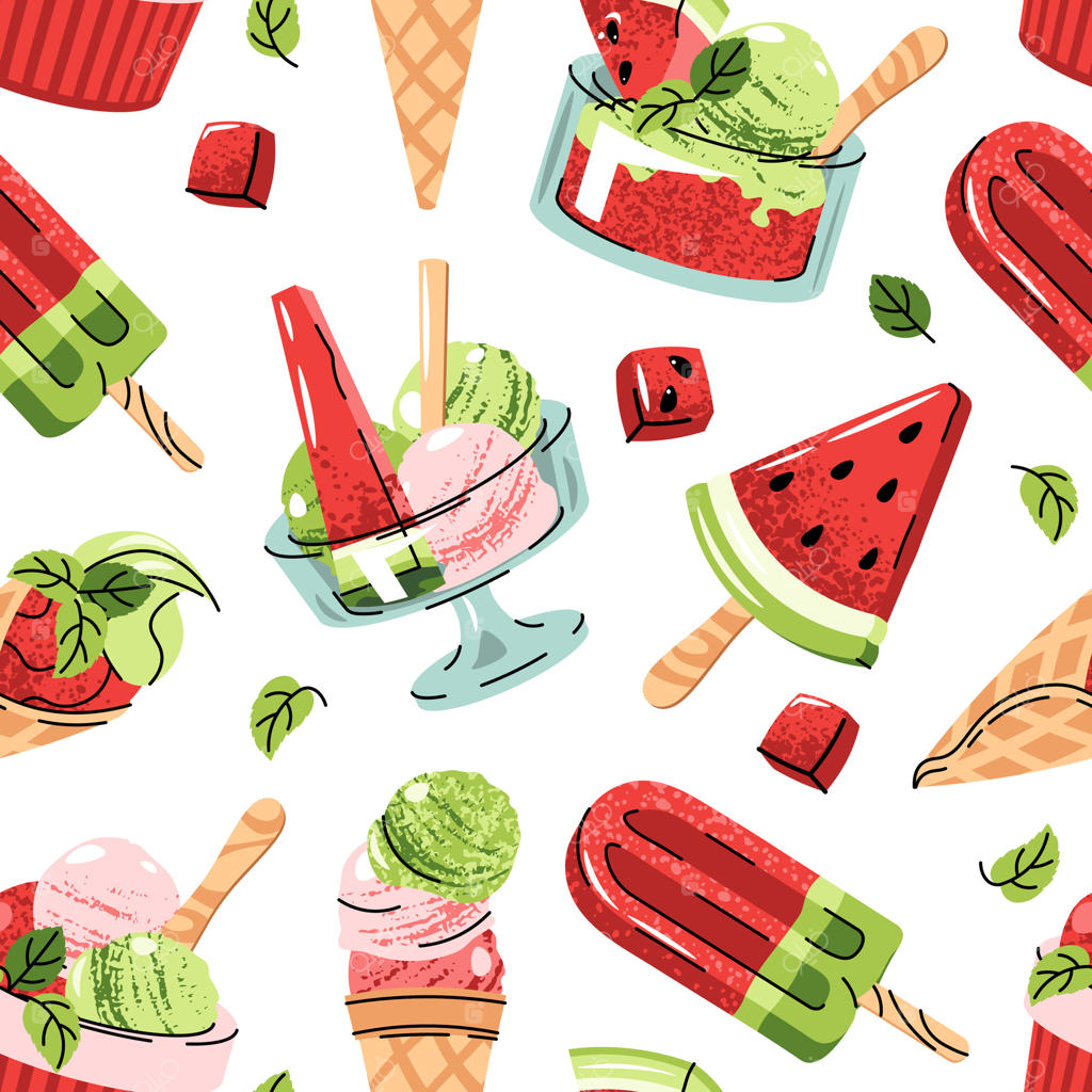 پترن یکپارچه بستنی هندوانه‌ای به صورت فلت. پس‌زمینه با سوربته و برگ‌های نعناع و برش‌های هندوانه. ایده‌آل برای طراحی غذا، منسوجات تابستانی، کاغذ دیواری و برندینگ سبک زندگی