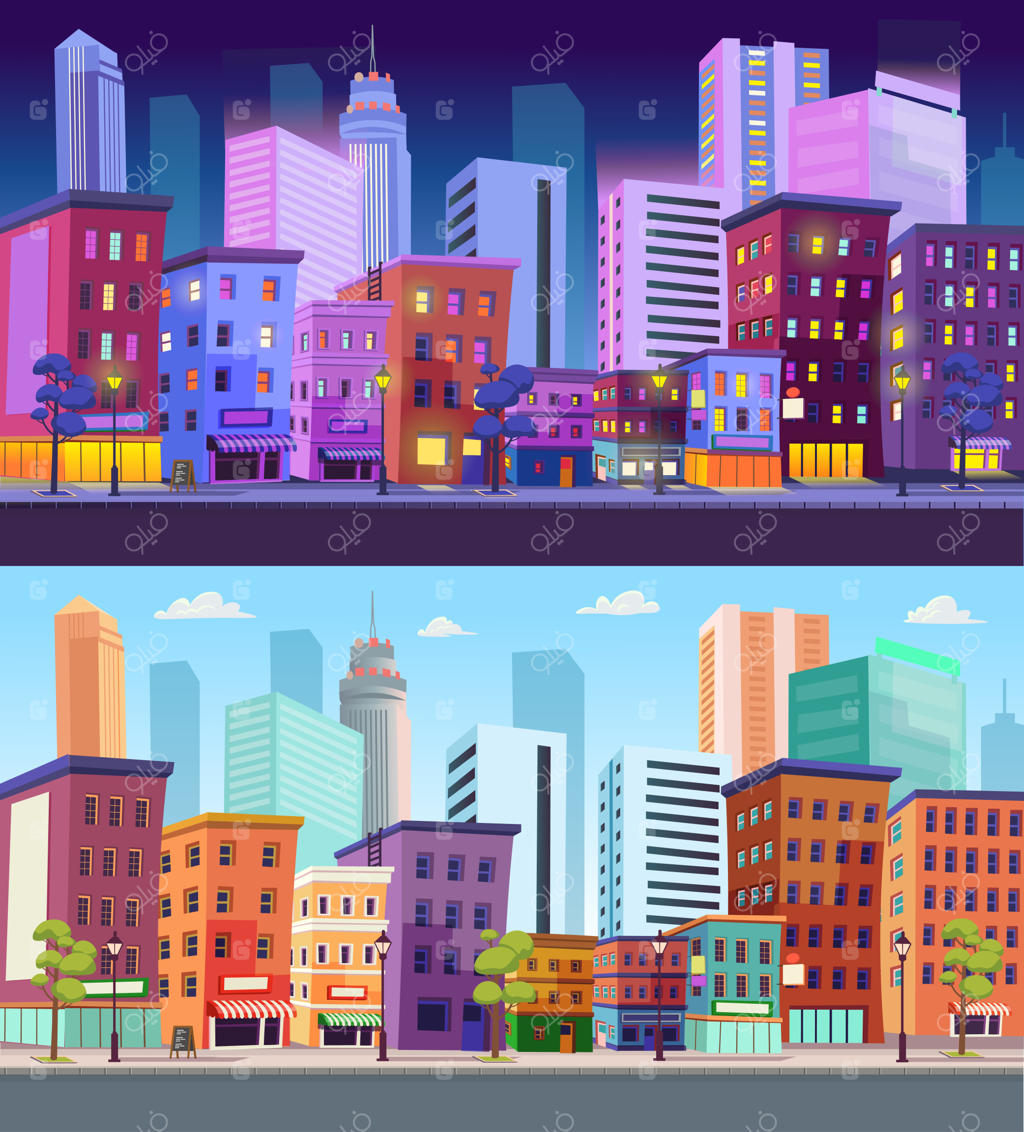 نمای شهر: ساختمان‌ها با فروشگاه‌ها و کافه‌های خیابانی - تصویرسازی به سبک کارتونی