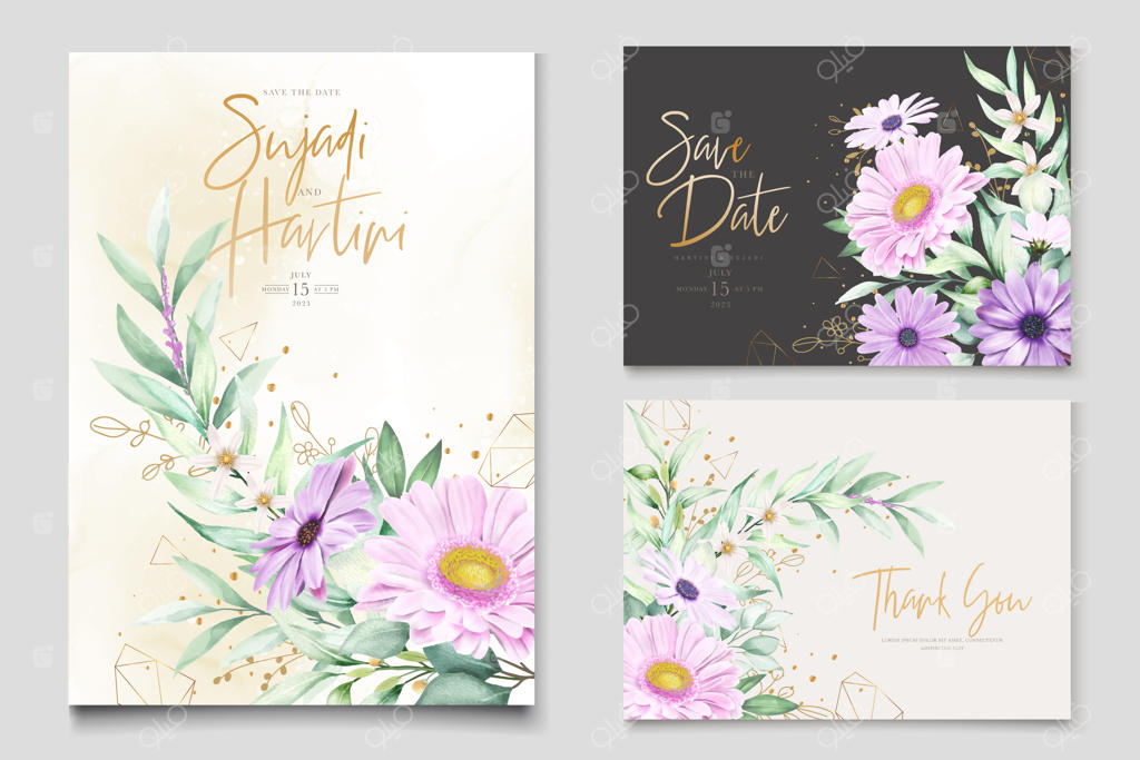 ست کارت دعوت گل‌ها و برگ‌های آبرنگی شیک و زیبا