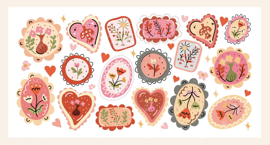 برچسب‌های گل‌دار محلی مجموعه‌ای دنج از برچسب‌های دست‌ساز گل‌دار و طرح‌های گیاهی به سبک محلی در قاب‌های قلبی و بیضی. ایده‌آل برای دفترچه‌سازی، بسته‌بندی و هنرهای دستی.