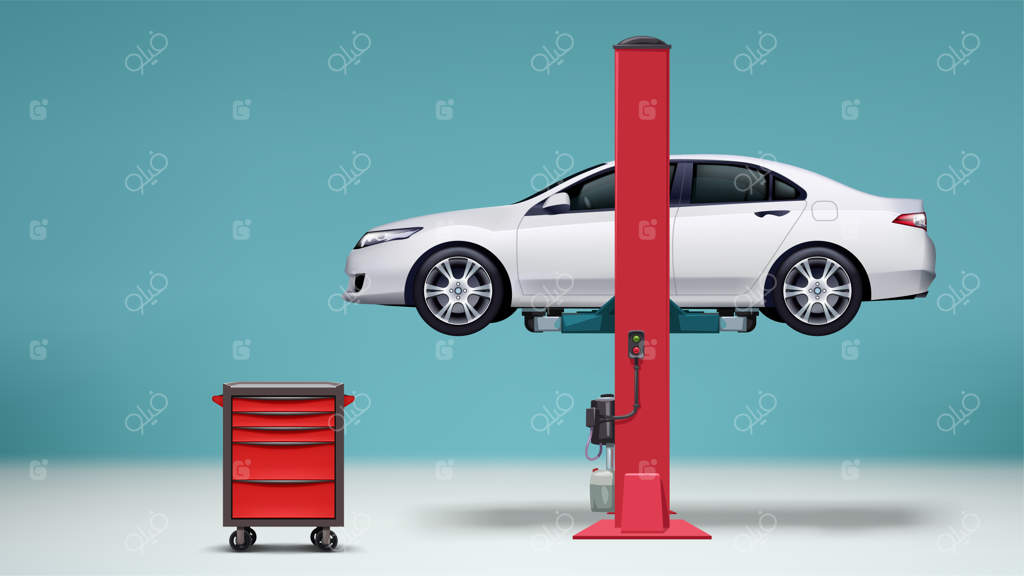 تصویرسازی از ماشین سفید واقعی در ایستگاه تعمیر با کابین ابزار