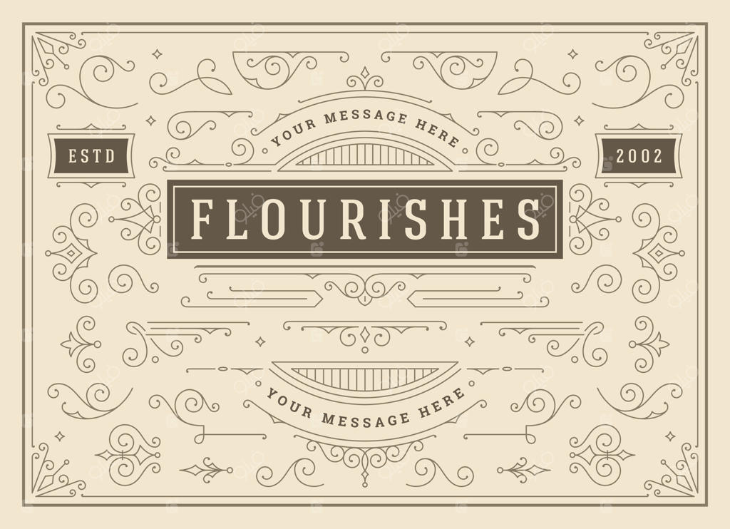 مجموعه عناصر طراحی تزئینی قدیمی، ترکیبات خوشنویسی و گل‌وبته‌های پیچیده