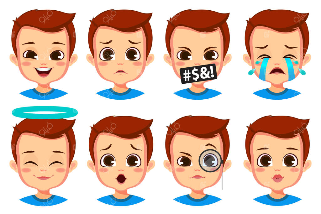 مجموعه‌ای از حالات صورت پسر بامزه، بر روی پس‌زمینه سفید