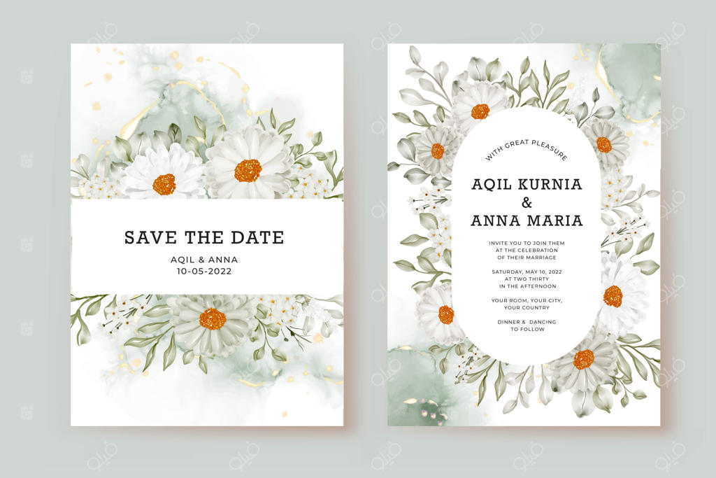 قالب دعوت‌نامه عروسی با طرح گل‌های سفید مارگاریت و برگ‌های سبز آبرنگی