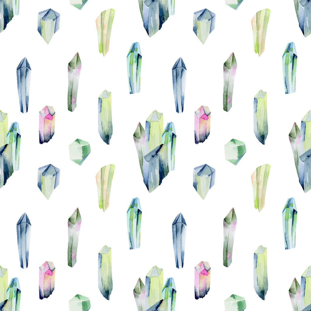 پترن بی‌نقص سنگ‌های قیمتی و کریستال‌های آبرنگی به رنگ‌های سبز، نقاشی دست‌ساز روی زمینه سفید