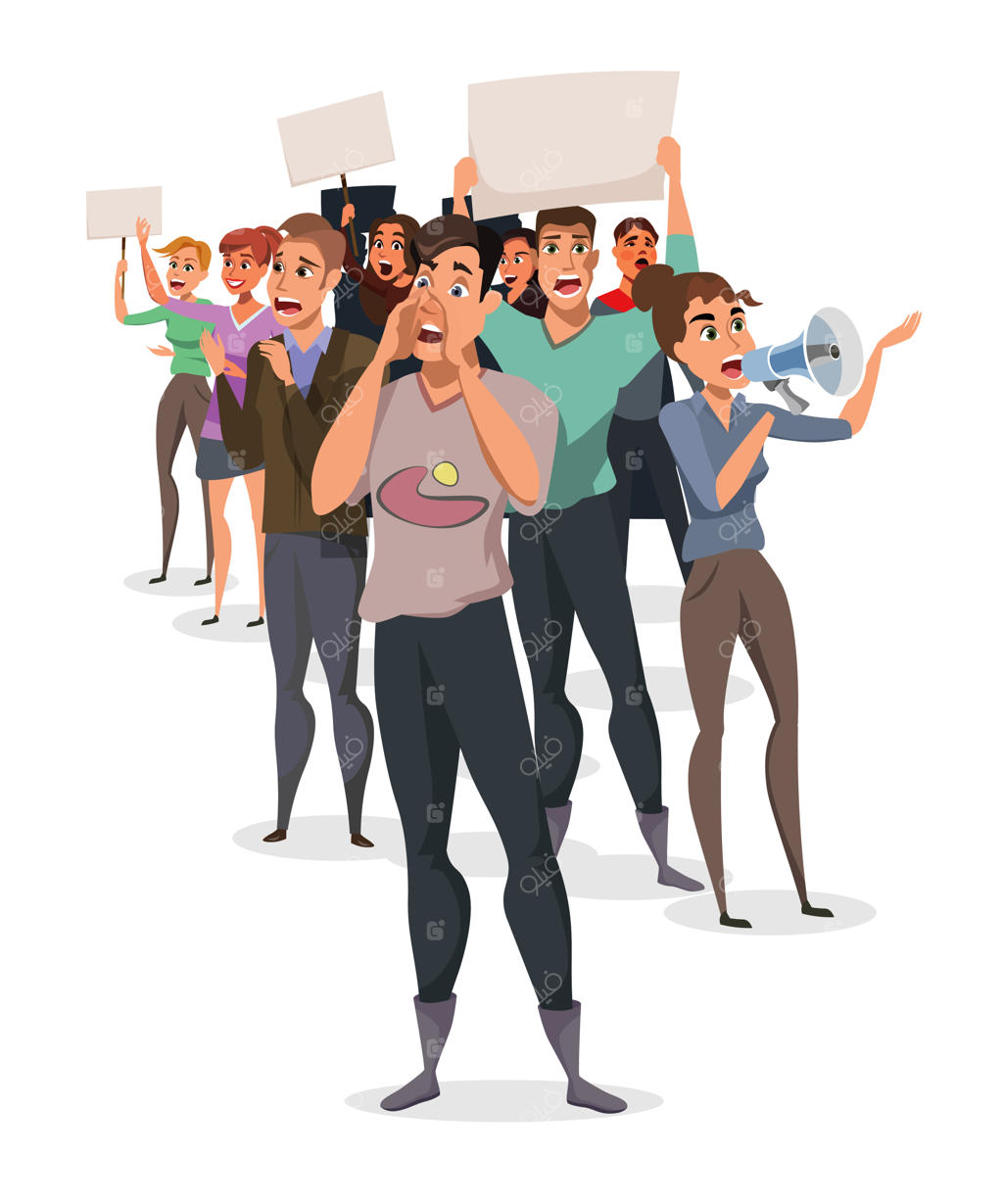 تظاهرات شهری: شخصیت‌های کارتونی معترض با پلاکارد و بلندگو، زن در حال فریاد زدن در مگافون، جدا از پس‌زمینه سفید