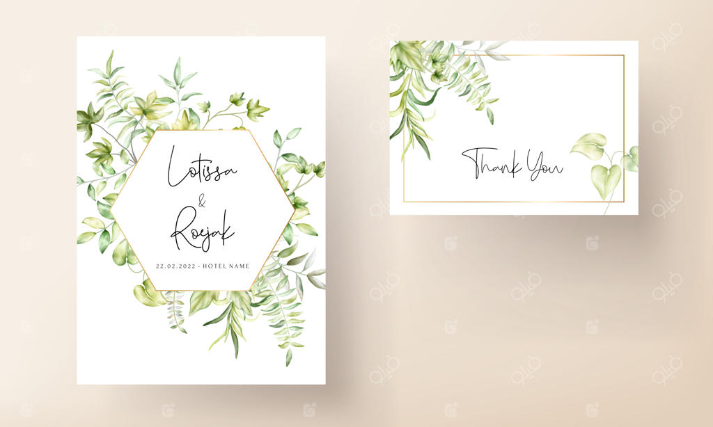 الگوی دعوت‌نامه عروسی با برگ‌های آبرنگی زیبا