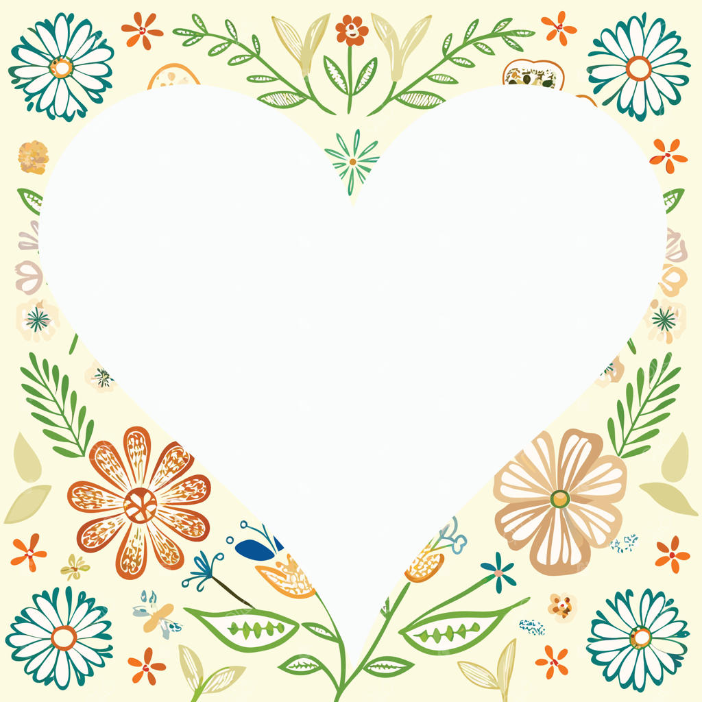 یک قاب قلب شکل با گل‌ها و برگ‌ها برای تزیین عکس‌ها.