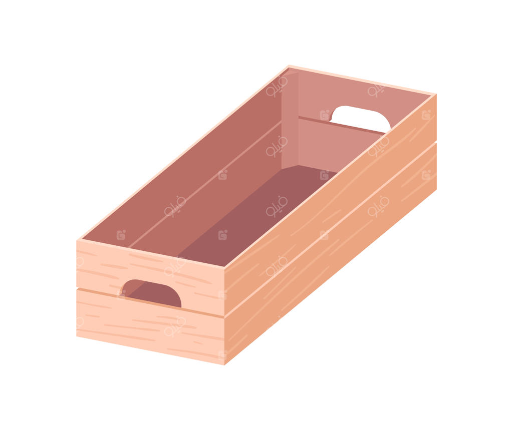 جعبه چوبی باز و خالی با دسته‌ها: جعبه مستطیلی از تخته چندلا برای بازارهای مواد غذایی، برداشت محصولات کشاورزی، سبزیجات و میوه‌ها. تصویرسازی رنگی و ساده، مجزا بر روی پس‌زمینه سفید.