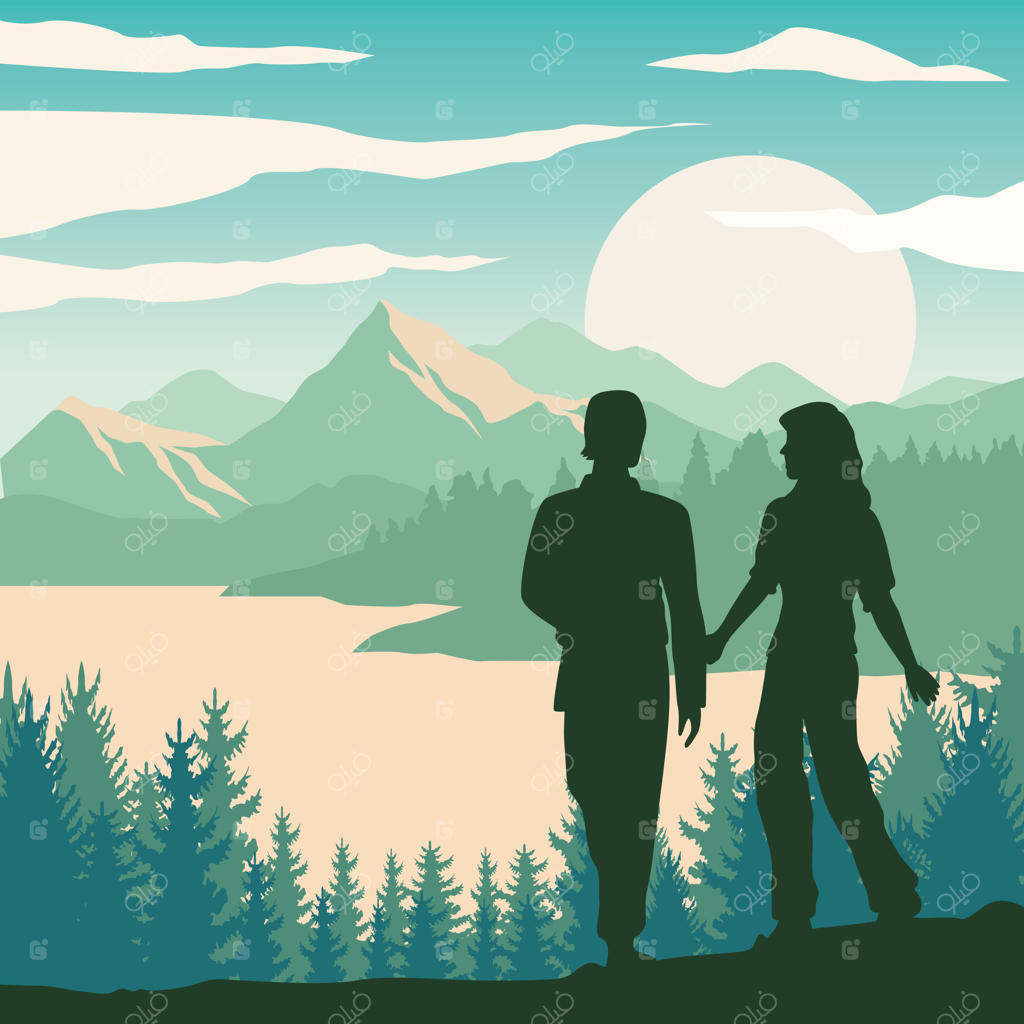 زوج در حال قدم زدن در منظره سبز