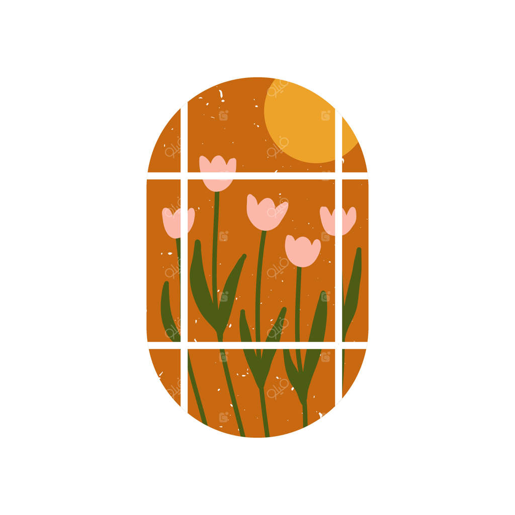 نقاشی دستی از پنجره آپارتمان گرد با منظره روزانه باغ گل‌ها