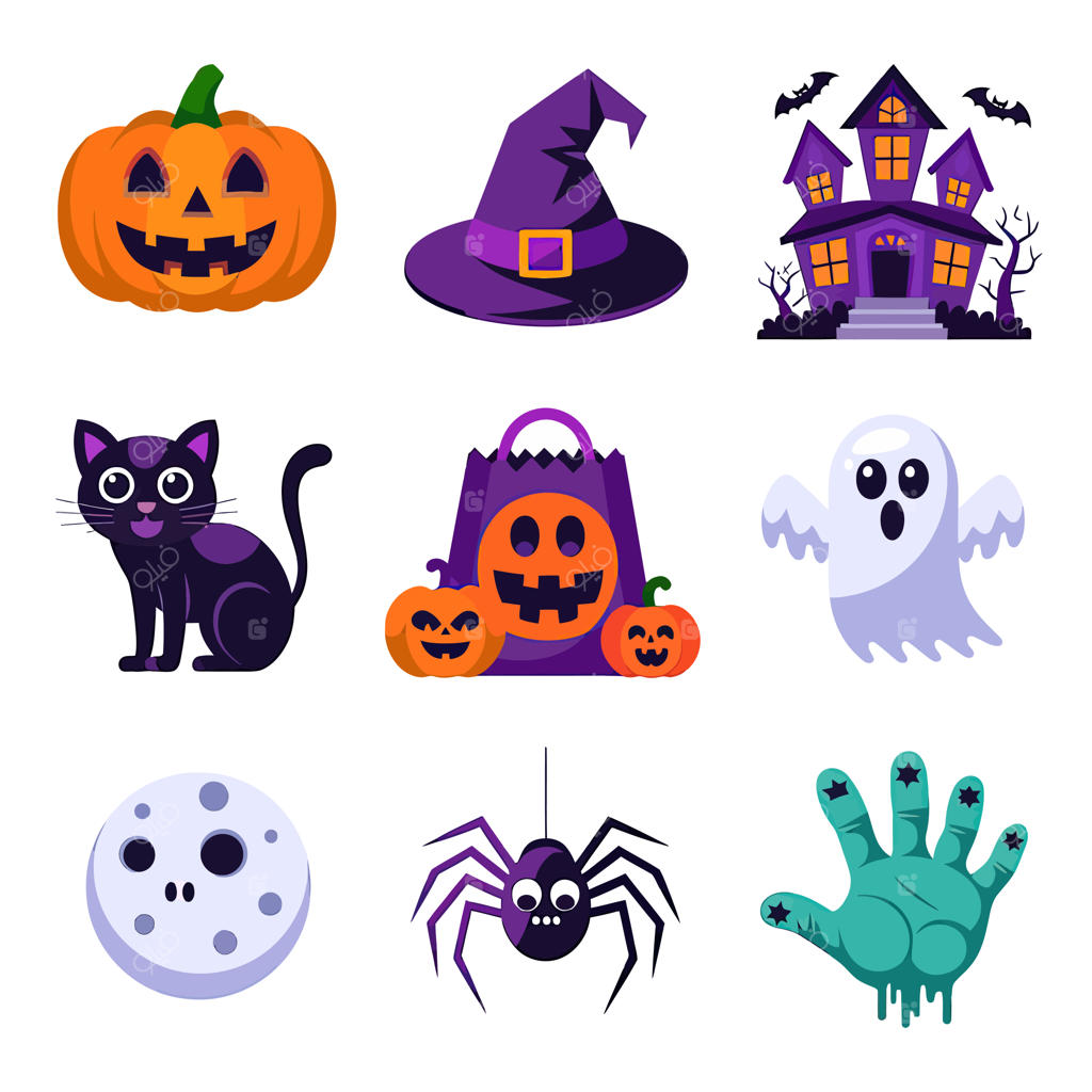 تصویرسازی وکتور دوبعدی هالووین برای طرح تی‌شرت و آیکون؛ کاراکتر روح و کدو تنبل حکاکی‌شده با شمع