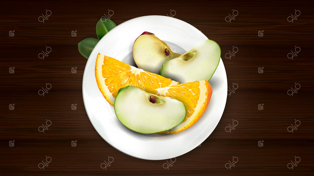 پرتقال و سیب بریده شده در یک بشقاب سفید.