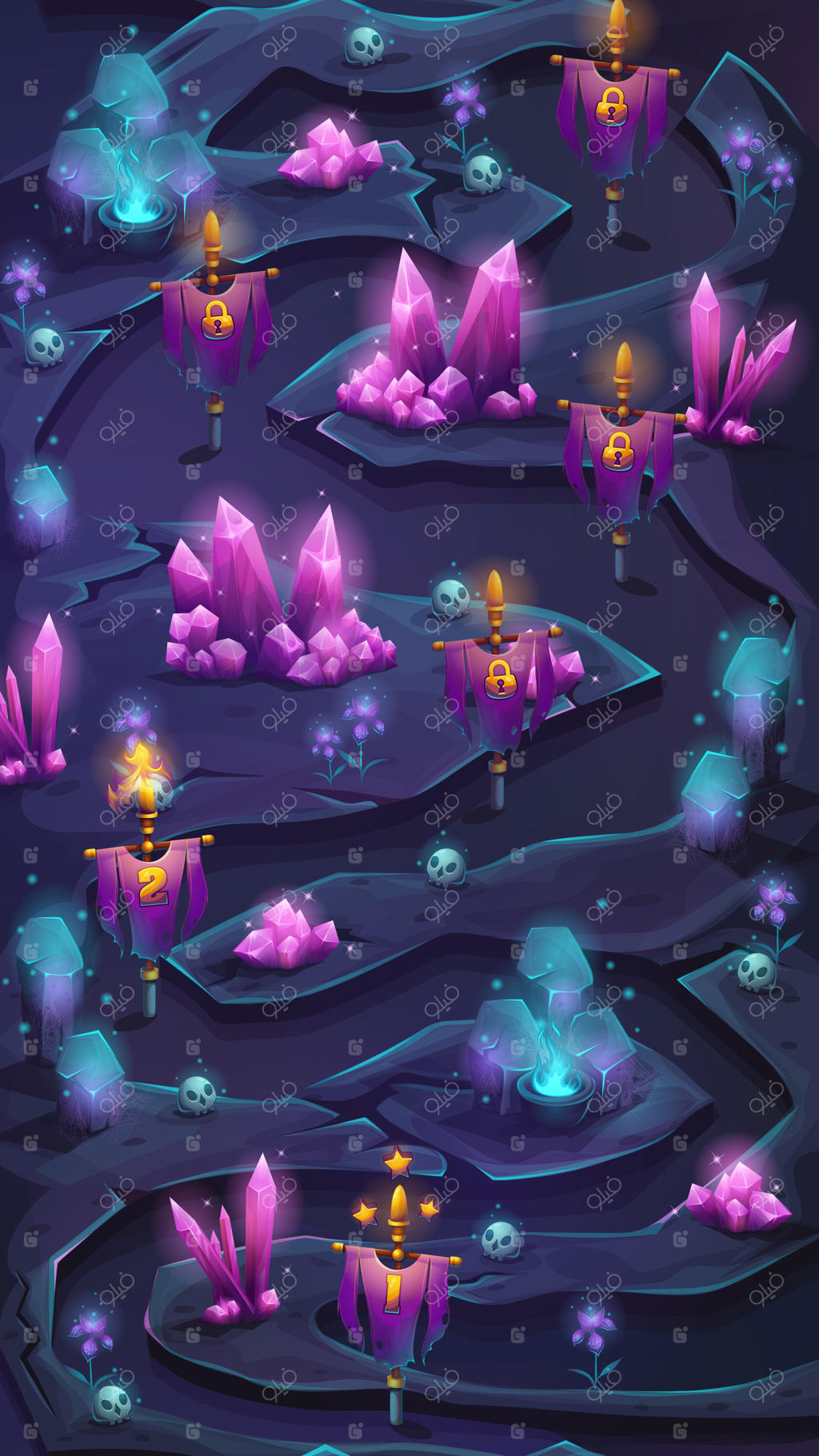 رابط کاربری اسکرول عمودی نقشه موبایل با بوته‌های درخشان و نقاط بازرسی.