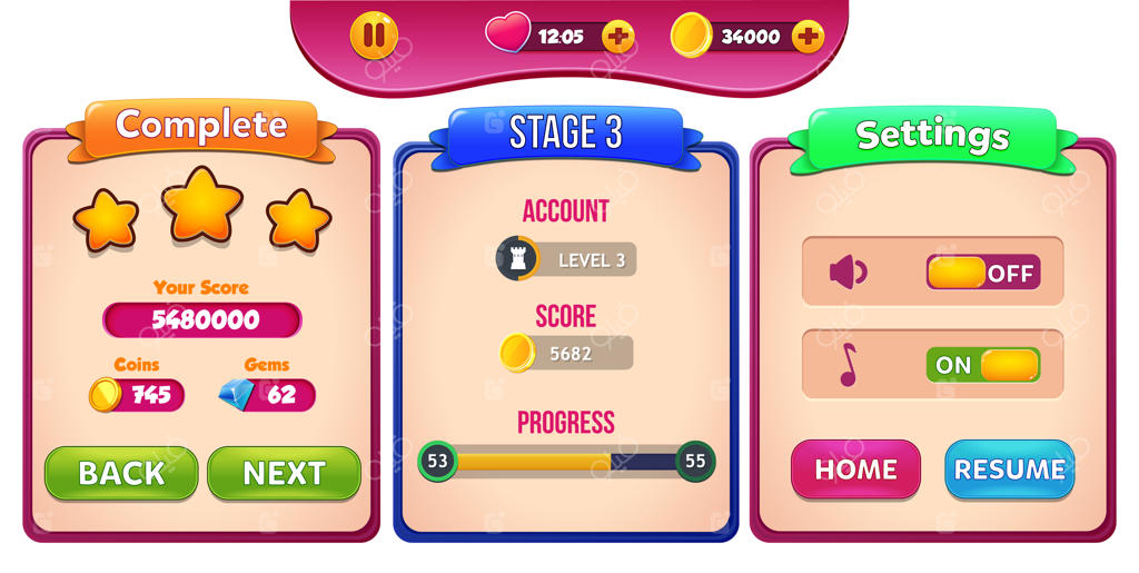 مرحله کامل شد، منوی مرحله و تنظیمات با امتیاز ستاره و دکمه‌ها ظاهر می‌شود.