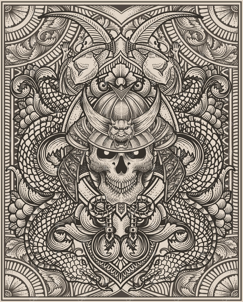 تصویر وکتور سر اسکلت سامورایی ترسناک با سبک حکاکی قدیمی و زینتی