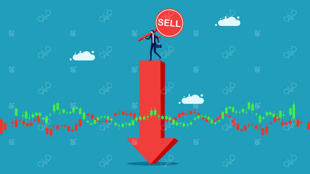 مردی تاجر بر روی فلشی قرمز به سوی تابلوی فروش ایستاده است