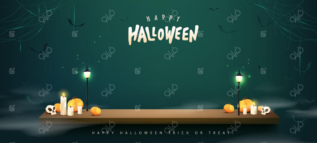 پس‌زمینه بنر هالووین با کدوهای درخشان، شمع‌ها، مه، خفاش‌ها، تزئینات خطاطی و میز چوبی خالی در پس‌زمینه تاریک