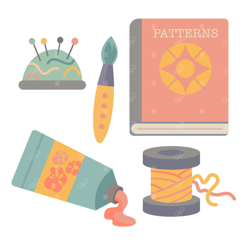 وسایل سرگرمی و هنرهای دستی - بالشتک سنجاق دوخت، قلمو، کتاب الگو، تیوپ رنگ و قرقره نخ. ایده‌آل برای پروژه‌های خلاقانه و تم‌های دست‌ساز.