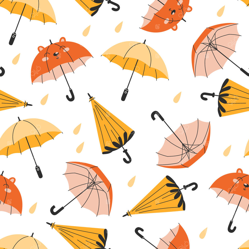 پترن یکپارچه چترهای پاییزی زرد و نارنجی با قطرات باران در زمینهٔ تخت