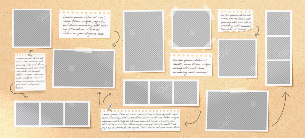 کلاژ قاب عکس با یادداشت کاغذی و عنصر فلش: طراحی دفتری نوستالژیک با طرح‌بندی تصاویر برای پس‌زمینه تخته‌ای و شکل مربعی.