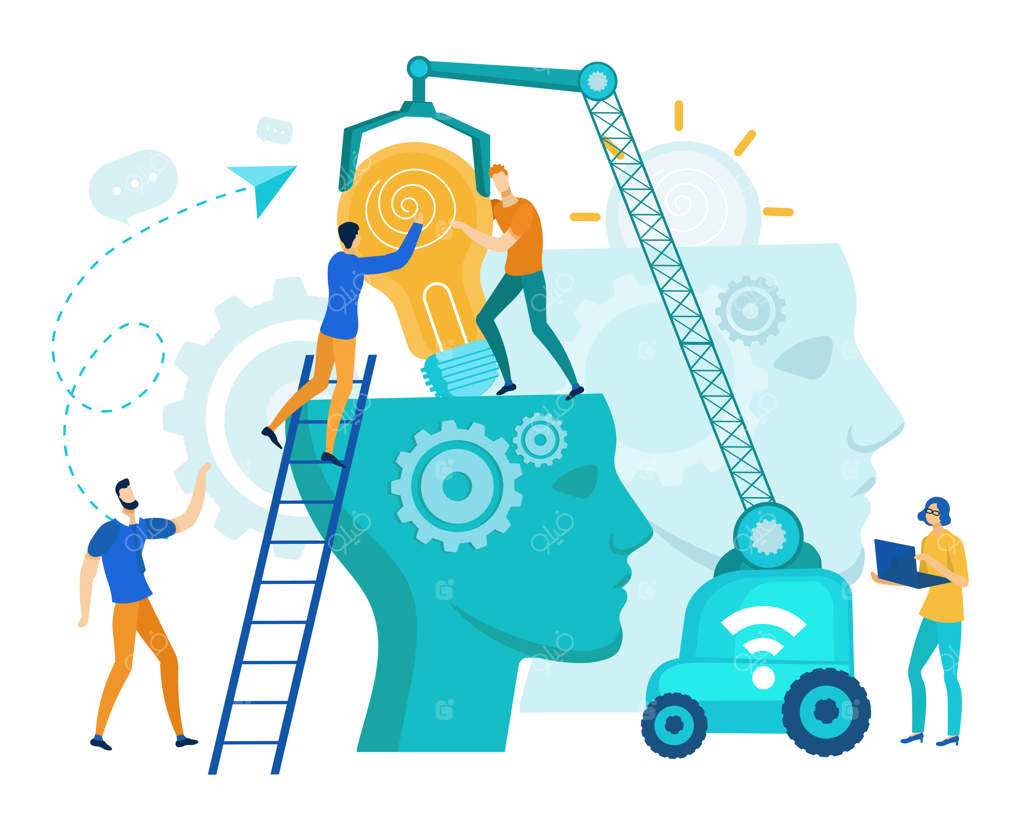 افرادی که لامپ را با چرخ‌دنده‌ها در سر خود قرار می‌دهند.