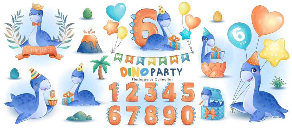 جشن تولد دایناسورهای کوچولو با تصویرسازی آبرنگی شماره‌دار