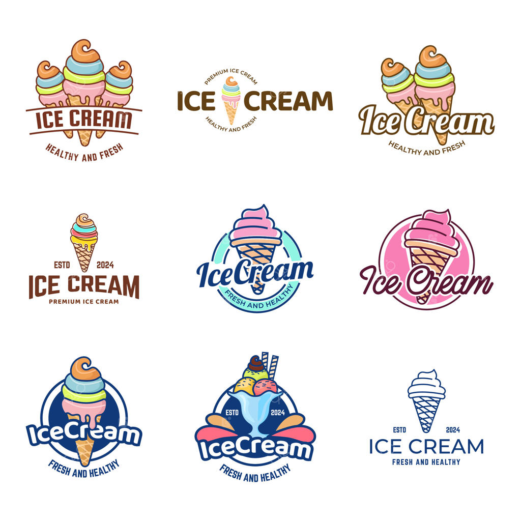 مجموعه‌ای از لوگوها و برچسب‌های فروشگاه بستنی، نشان‌های ژلاتریا. لوگوتایپ‌ برای کافه یا بار.