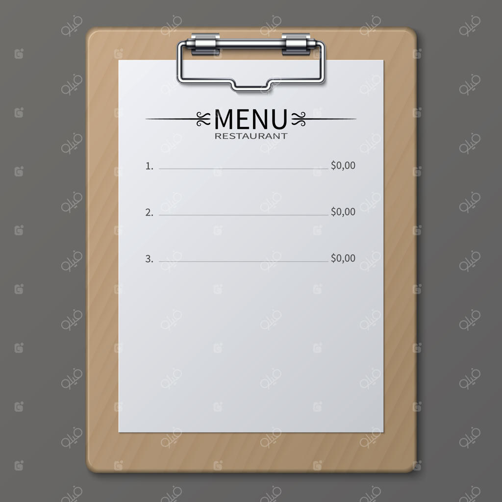 منوی کلاسیک رستوران روی کاغذ در تخته‌گیره. قالب وکتور. تصویر منوی غذا برای کافه