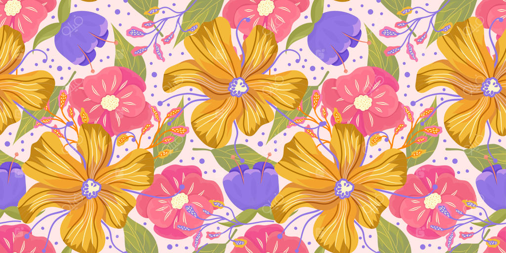 طرح گل برای طراحی دکوراتیو: پس‌زمینه گلدار بهاری به رنگ صورتی پاستلی، طرح وکتور گل صد تومانی، موتیف تابستانی، پارچه دکوراتیو با پترن یکپارچه، طراحی مدرن