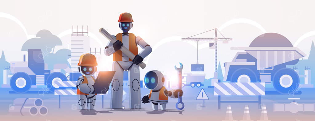 مهندسان ربات‌ها با کلاه ایمنی در حال حمل نقشه‌ها - معماران رباتیک با طرح‌های هوشمند، فناوری هوش مصنوعی