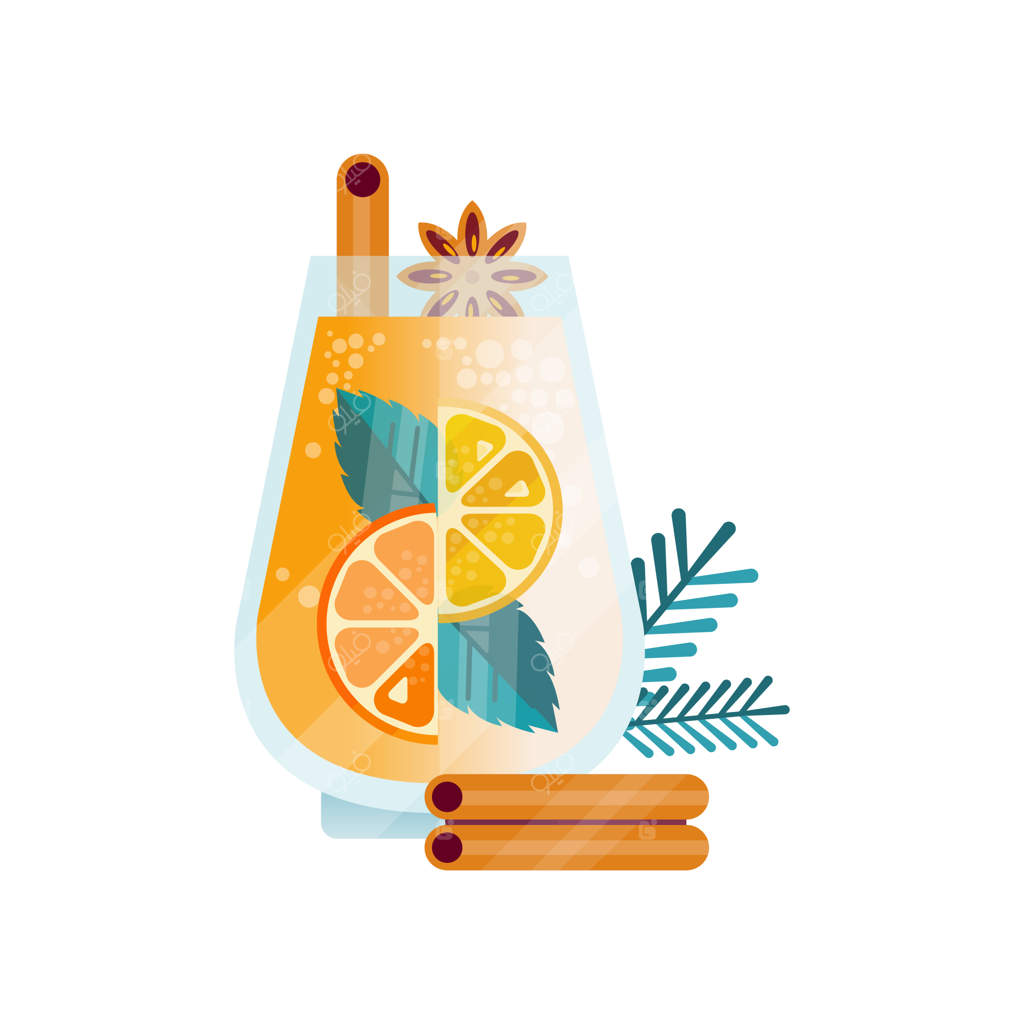 نوشیدنی گیاهی ویتامینی: چای دارچینی با مرکبات، بادیان و رزماری در لیوان - تصویر برداری روی زمینه سفید