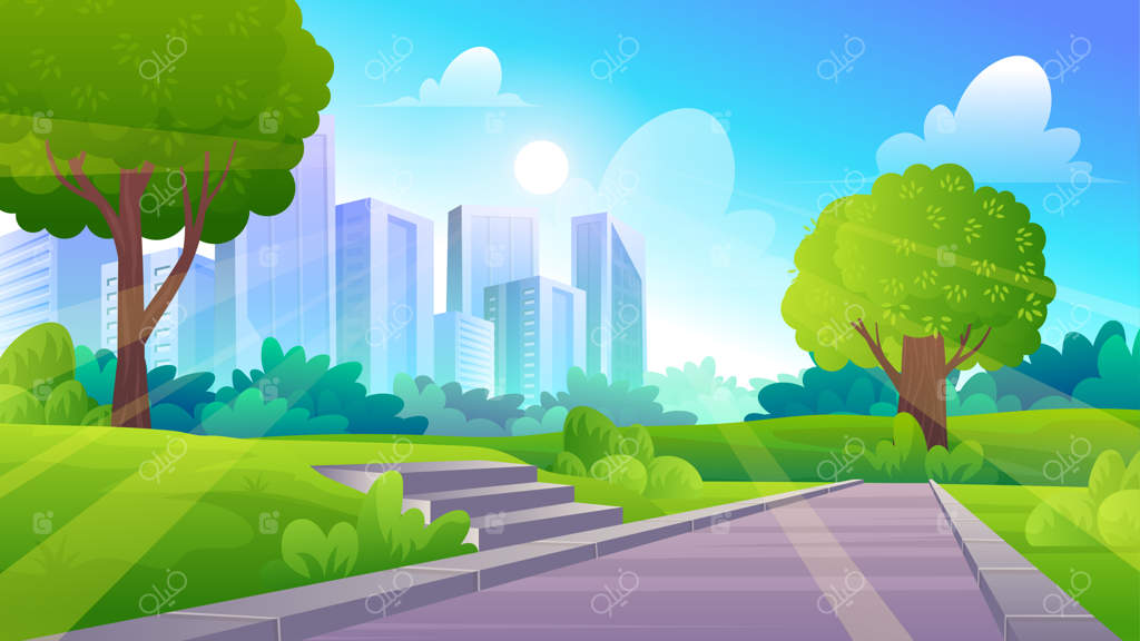 تصویر کارتونی از یک پارک زیبا با خیابان، چمن سبز، درختان و آسمان‌خراش‌ها