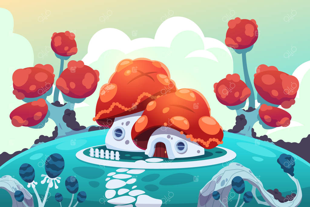 خانه جنگلی کارتونی دهکده جن‌های کوچک با باغ جادویی - ساختمانی کوچک بر روی تپه با سقف روشن شبیه کلاهک قارچ و دیوارهای سفید - منظره‌ای فانتزی و اسرارآمیز.