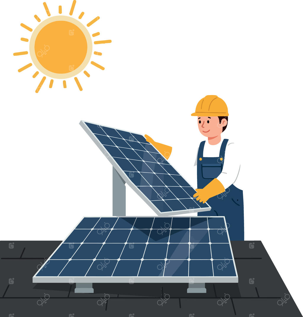 تکنسین پنل خورشیدی در حال تنظیم پنل‌ها زیر آفتاب درخشان، هنر تخت نمایش انرژی تجدیدپذیر