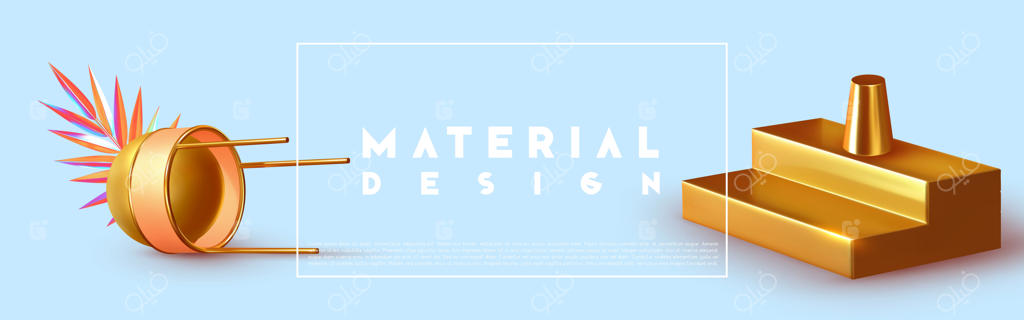 پس‌زمینه‌ای انتزاعی با طراحی مینیمال و اشکال سه‌بعدی. رندر واقعی اشیا. پوستر خلاقانه طراحی، هنر مینیمال و مدرن. شاخه نخل طلایی، کره و توپ، پله‌ای. تصویرسازی وکتور.