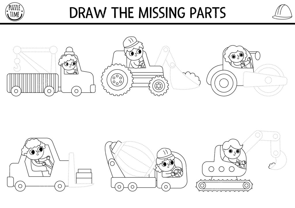 فعالیت رنگ آمیزی و طراحی سایت ساخت و ساز برای کودکان با ماشین‌ها و کامیون‌های ویژه. بازی خدمات تعمیر و کارهای ساختمانی. صفحه پازل و رنگ‌آمیزی قابل چاپ.
