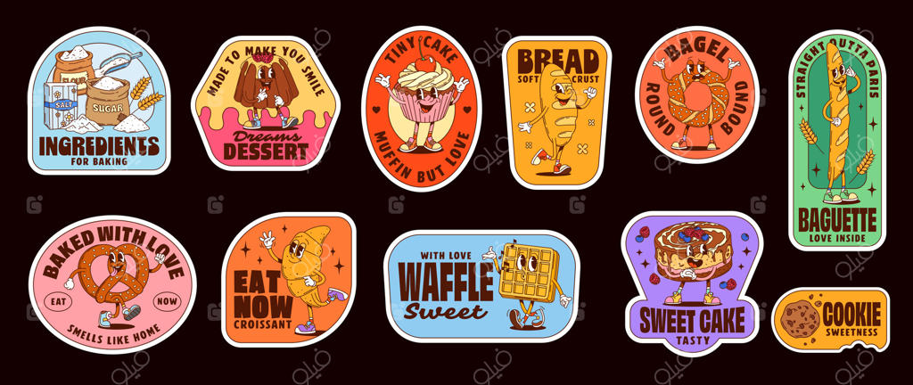 مجموعه برچسب‌های بامزه شیرینی‌ها و دسرها - حرفه‌ای وکتور
