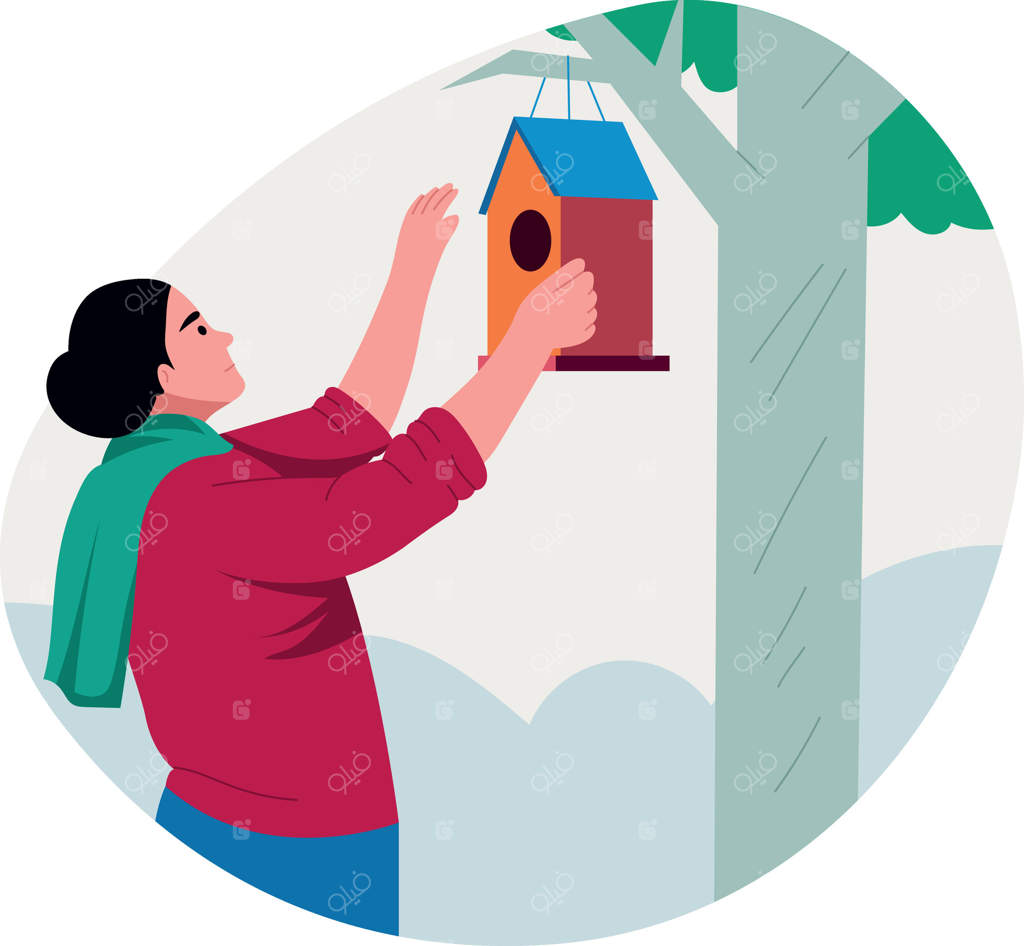 تصویر سازی مسطح از شخصی در حال آویزان کردن لانه پرنده در باغ