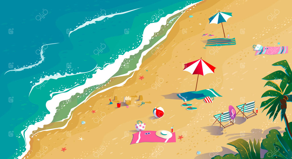 تعطیلات تابستانی: دریای آبی و ساحل شنی از نمای بالا