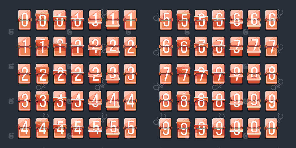 عدد برگردان: نشانگر شمارش معکوس برای صفحه ساعت. آیکون عدد ساعت برگردان. اطلاعات تاریخ، برنامه حرکت یا ورود، اندازه‌گیری عددی زمان. مجموعه‌ای از اعداد بر روی پس‌زمینه تیره.