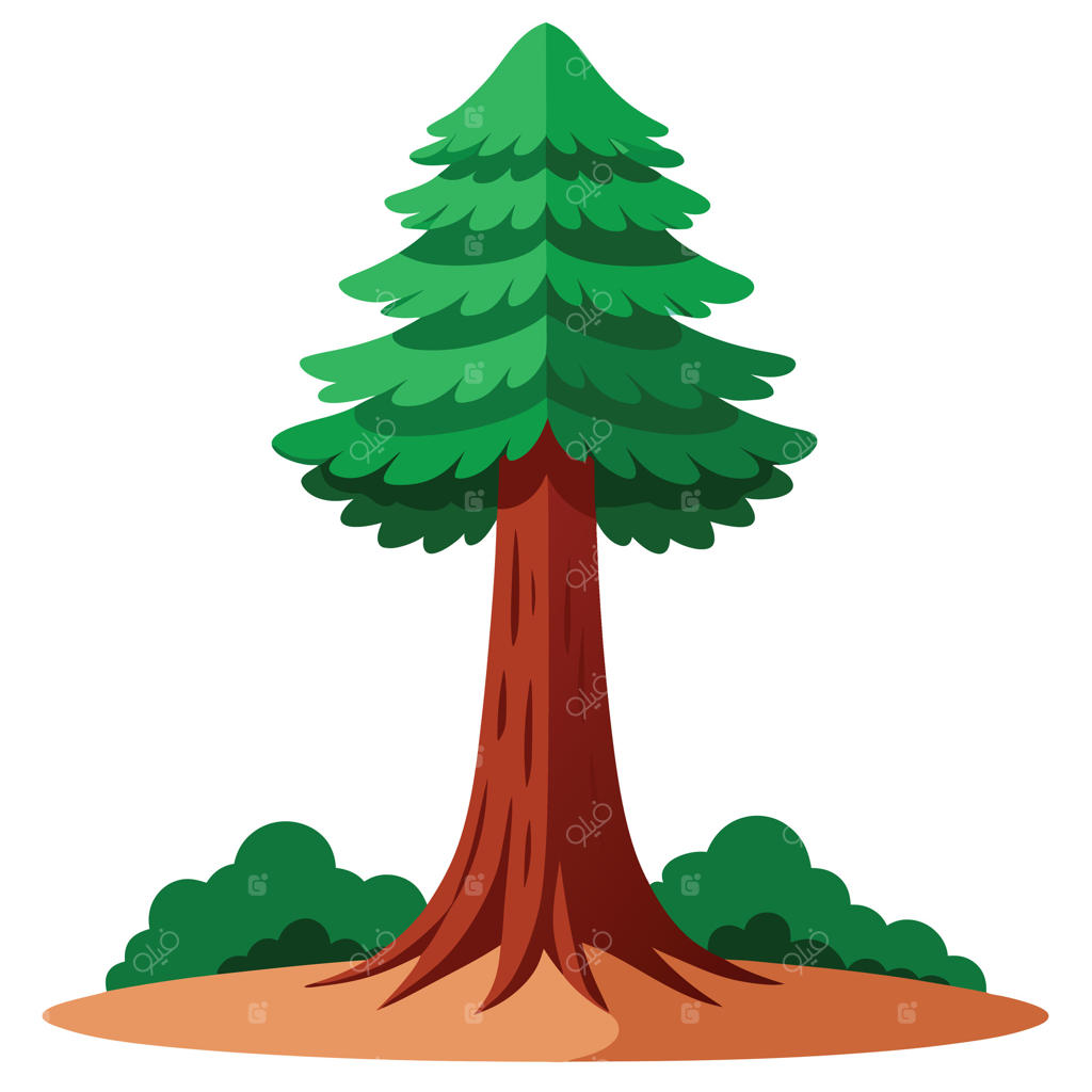 طرح کارتونی درخت همیشه سبز با بوته‌های سبز روی زمین قهوه‌ای