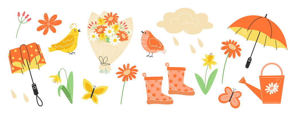 مجموعه بهاری از عناصر شاد و رنگارنگ به سبک فلت. لوازم باغی جذاب برای بهار و تابستان