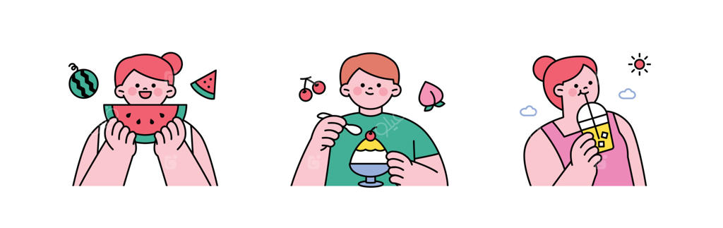 لذت بردن از تابستان: دختری هندوانه می‌خورد، پسری یخ‌در‌بهشت می‌خورد و دختری نوشیدنی خنک می‌نوشد.