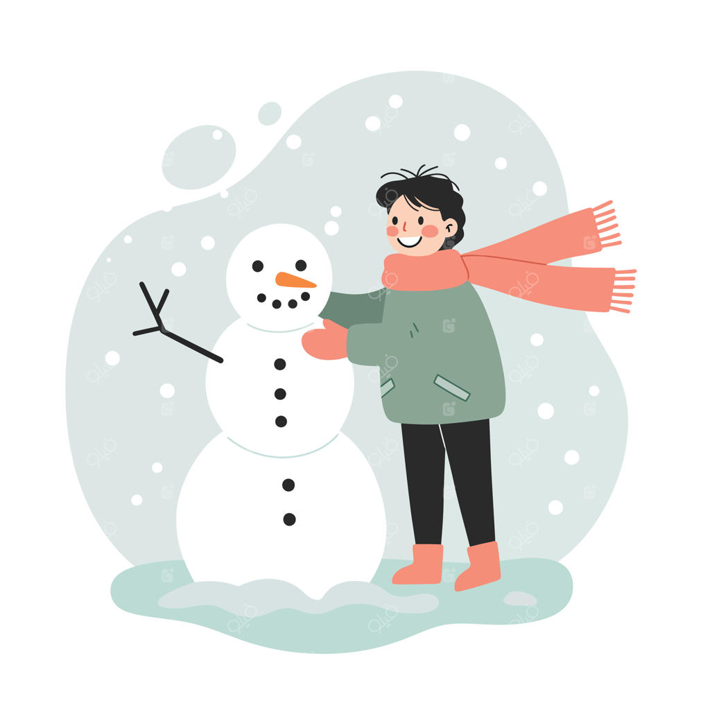 کودک در حال ساختن آدم‌برفی با شال‌گردن و چکمه در منظره برفی؛ بازی و سرگرمی زمستانی کودکان