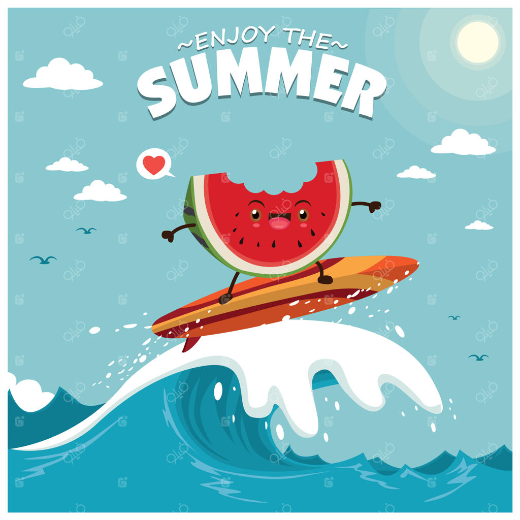 طراحی پوستر تابستانی قدیمی با شخصیت‌های هندوانه و تخته موج‌سواری وکتور.