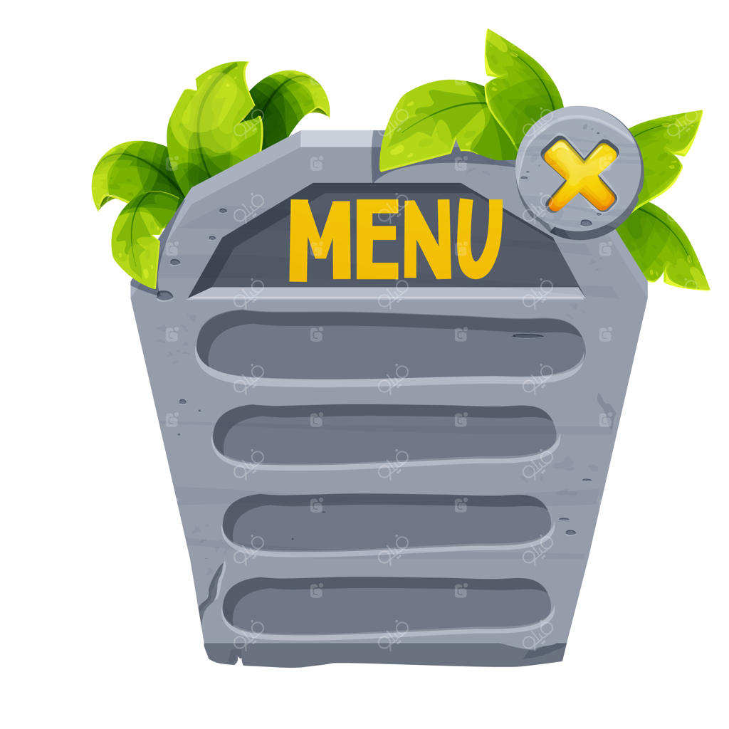 قالب منوی بازی سنگی با تزئین برگ‌های جنگلی به سبک کارتونی