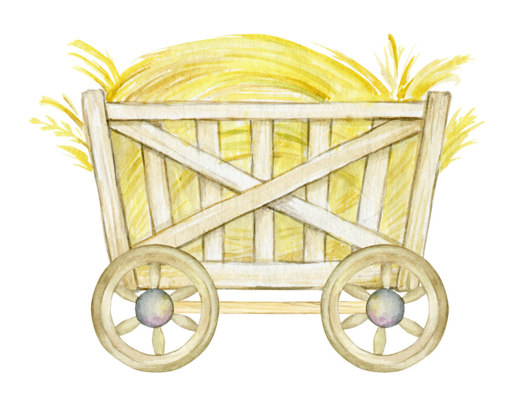 گاری چوبی با کاه - تصویر آبرنگی به سبک کارتونی مزرعه