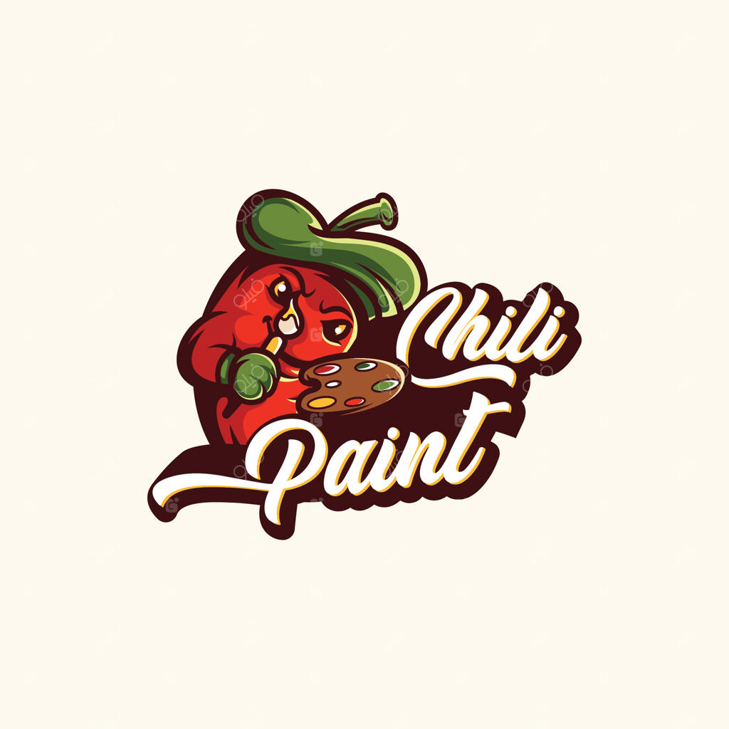 لوگوی ماسکوت هنرمند فلفل تند بازیگوش، به سبک کارتونی پرجنب‌وجوش، رنگ‌های جسورانه، حال و هوای شاد، مفهوم غذا و هنر.