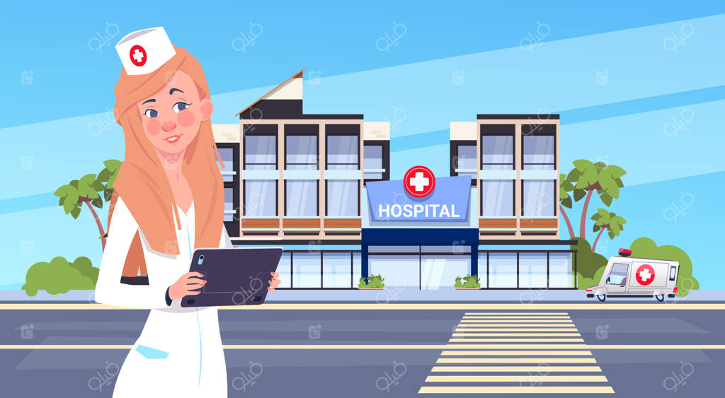 پزشک زن مقابل ساختمان مدرن بیمارستان ایستاده است